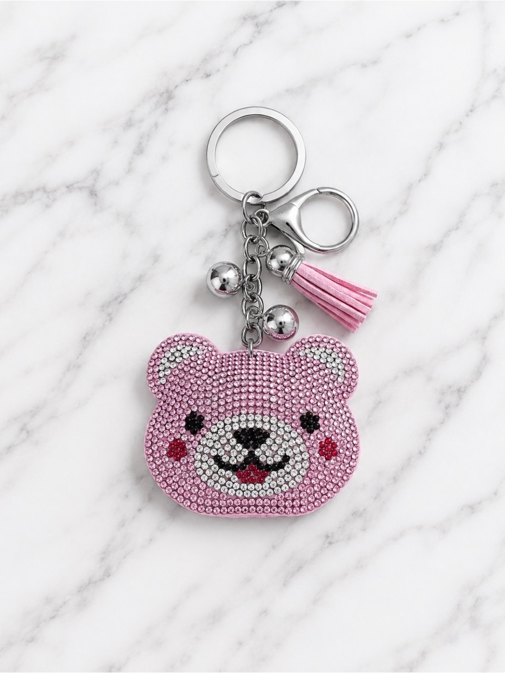 Pink Rhinestoned Bear Bag Charm/Keyring on Silver Hardware
